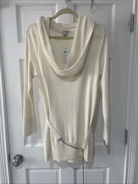 Cache Ivory Cowl Neck Belted Knit Sweater
